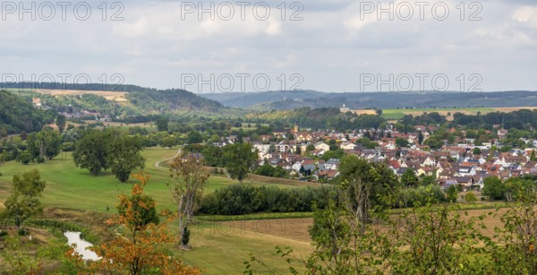 High angle scenery showing Offenau, seen from Bad Wimpfen, a historic spa town in the district of Heilbronn in the Baden-Wuerttemberg region of southern Germany