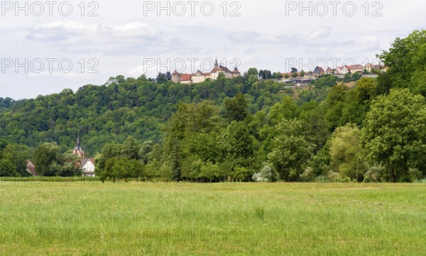 Panoramic summertime scenery around Langenburg and Baechlingen in the Schwaebisch Hall district in Southern Germany