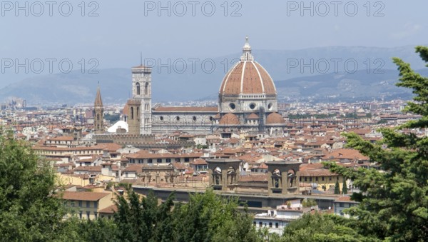 Sunny illuminated panoramic view of Florence in Tuscany Italy