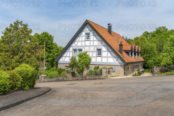 Historic rural half-timbered house seen in Jagsthausen, a small town in Southern Germany