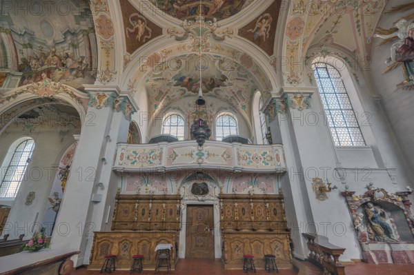 Church of St Gallus and Ulrich, side gallery, choir stalls and ceiling frescoes, Kisslegg, Allgäu, Baden-Württemberg, Germany