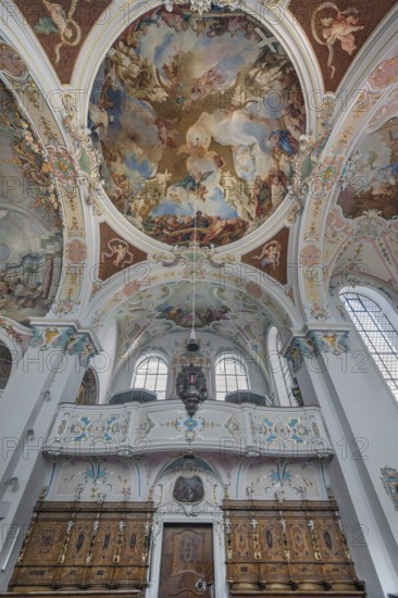 Church of St Gallus and Ulrich, side gallery and ceiling frescoes, Kisslegg, Allgäu, Baden-Württemberg, Germany