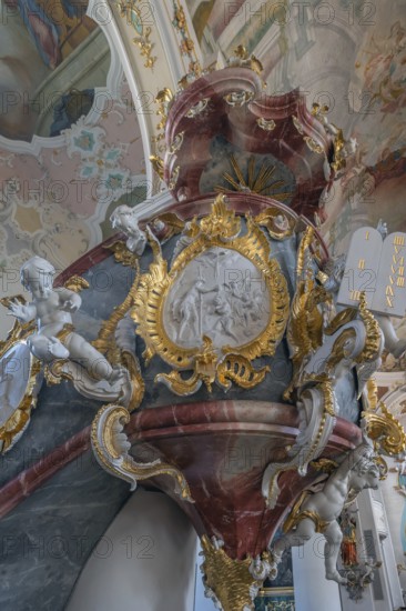 Church of St Gallus and Ulrich, the pulpit with frescoes, Kisslegg, Allgäu, Baden-Württemberg, Germany