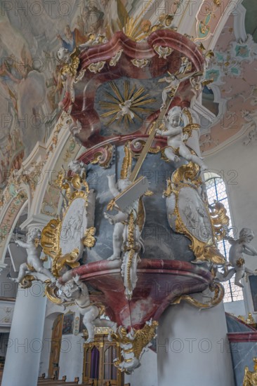 Church of St Gallus and Ulrich, the pulpit with frescoes, Kisslegg, Allgäu, Baden-Württemberg, Germany