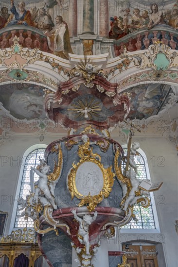 Church of St Gallus and Ulrich, the pulpit with frescoes, Kisslegg, Allgäu, Baden-Württemberg, Germany