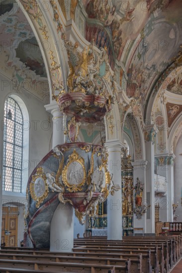 Church of St Gallus and Ulrich, the pulpit, Kisslegg, Allgäu, Baden-Württemberg, Germany