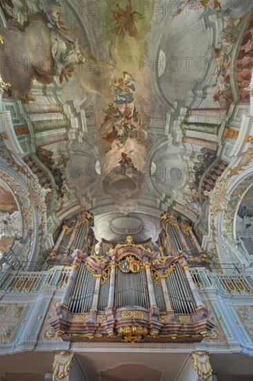 Church of St Gallus and Ulrich, the organ loft with ceiling frescoes, Kisslegg, Allgäu, Baden-Württemberg, Germany