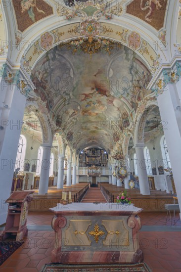 Church of St Gallus and Ulrich, nave with organ loft and ceiling frescoes, Kisslegg, Allgäu, Baden-Württemberg, Germany