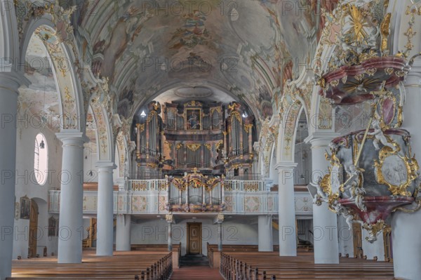 Church of St Gallus and Ulrich, nave with organ loft, Kisslegg, Allgäu, Baden-Württemberg, Germany