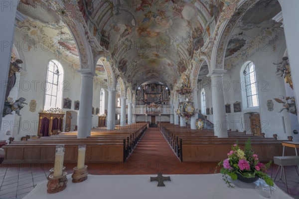 Church of St Gallus and Ulrich, nave with organ loft, Kisslegg, Allgäu, Baden-Württemberg, Germany