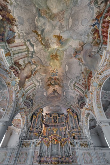 Church of St Gallus and Ulrich, the organ loft with ceiling frescoes, Kisslegg, Allgäu, Baden-Württemberg, Germany