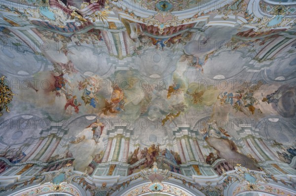 Church of St Gallus and Ulrich, nave, vaulted ceiling with ceiling fresco, Kisslegg, Allgäu, Baden-Württemberg, Germany