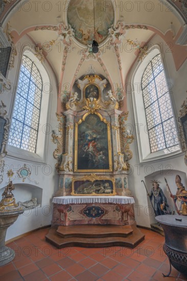 Church of St Gallus and Ulrich, side altar with the relic of St Severinus, Kisslegg, Allgäu, Baden-Württemberg, Germany