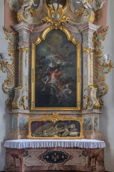 Church of St Gallus and Ulrich, side altar with the relic of St Severinus, Kisslegg, Allgäu, Baden-Württemberg, Germany