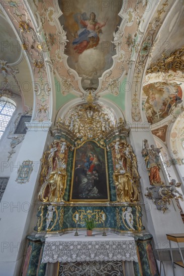 Church of St Gallus and Ulrich, side altar with ceiling frescoes and figures of saints, Kisslegg, Allgäu, Baden-Württemberg, Germany