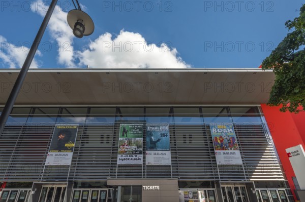 Blue sky. white clouds over the big-BOX event hall, Kempten, Allgäu, Swabia, Germany