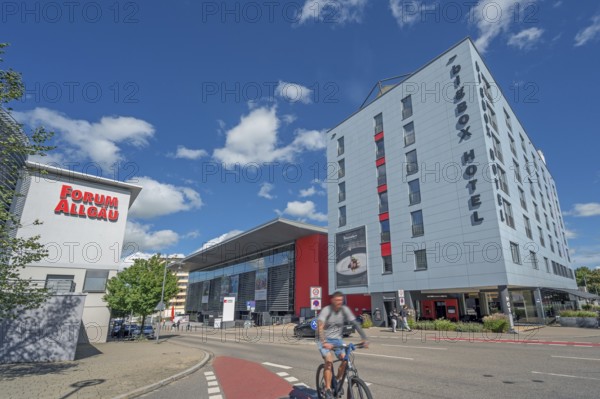 Blue sky, white clouds over the big-box-HOTEL at the Forum Allgäu, Kempten, Allgäu, Swabia, Germany