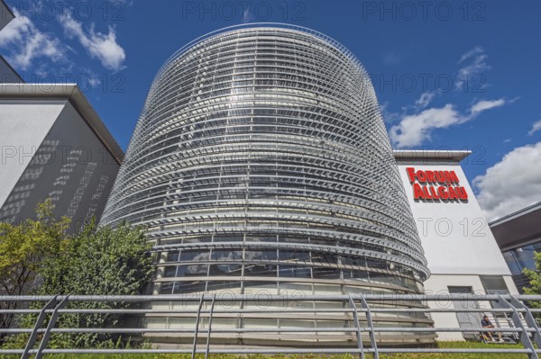Blue sky, white clouds over the round car park of the Forum Allgäu, Kempten, Allgäu, Swabia, Germany