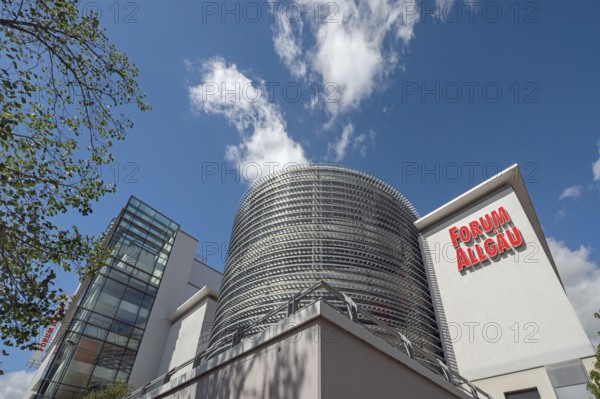 Blue sky, white clouds over the round car park of the Forum Allgäu, Kempten, Allgäu, Swabia, Germany