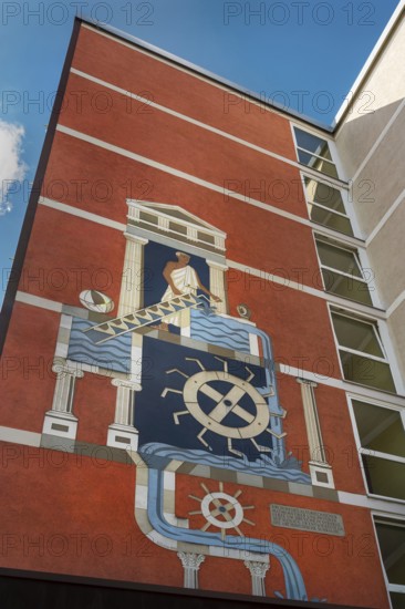 Blue sky, wall fresco with Archimedes the developer of the Archimedean screw and others, Kempten, Allgäu, Swabia, Germany