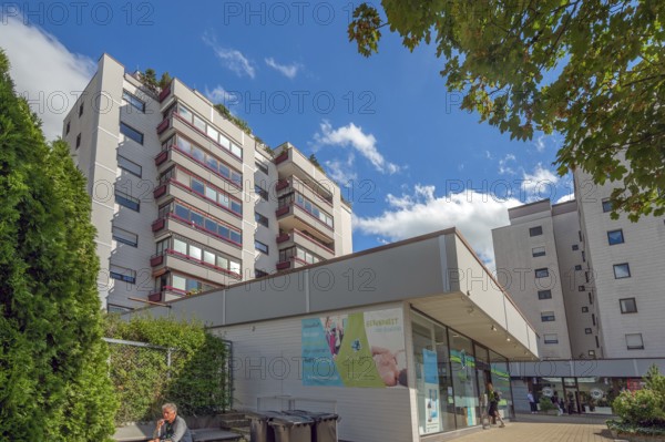 Blue sky. white clouds, high-rise building with bay windows, Kempten, Allgäu, Swabia, Germany