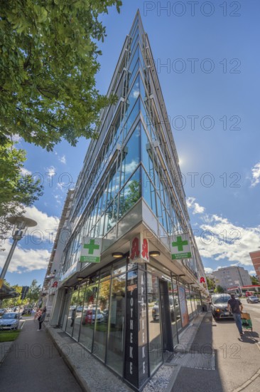 Blue sky. white clouds, pointed gas facade, Kastanienapotheke, Kempten, Allgäu, Swabia, Germany