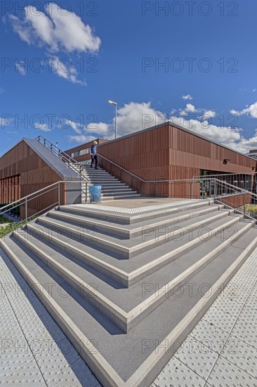Blue sky. white clouds, stairs to the state vocational school, Kempten, Allgäu, Swabia, Germany