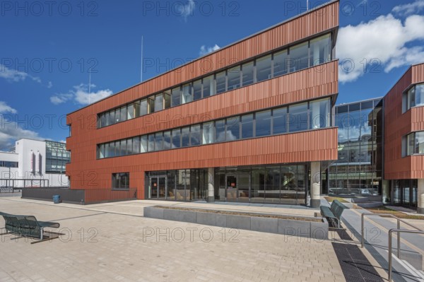Blue sky. white clouds, State Vocational School, Kempten, Allgäu, Swabia, Germany