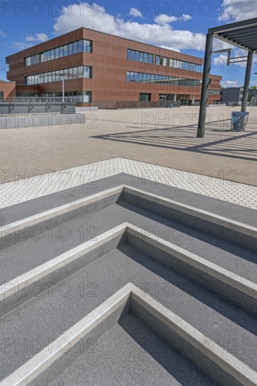 Blue sky. white clouds, stairs to the state vocational school, Kempten, Allgäu, Swabia, Germany