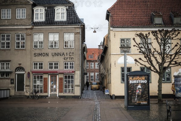 Narrow alley between historic buildings with a poster on the wall in Helsingor, Denmark, Northern Europe