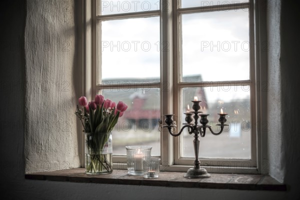 Window ledge adorned with tulips and a candlestick, providing a rustic view of the exterior in Helsingborg, Sweden, Scandinavia