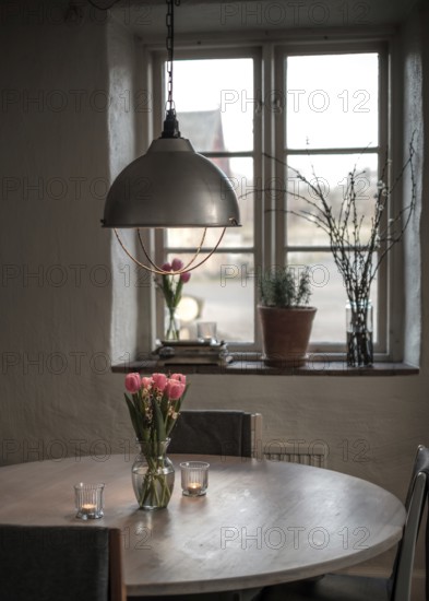A cozy table setting with tulips and a soft glow from a pendant light, framed by a window in Helsingborg, Sweden, Scandinavia