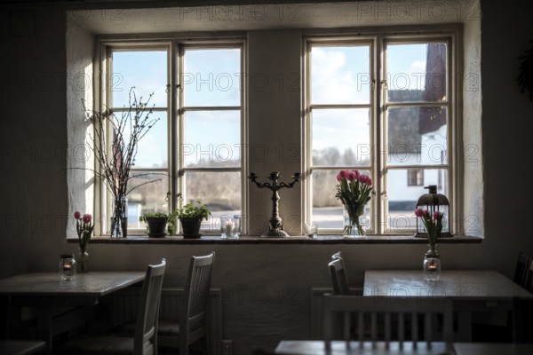 Daylit window view with candlestick and tulips, enhancing a cozy interior atmosphere in Helsingborg, Sweden, Scandinavia