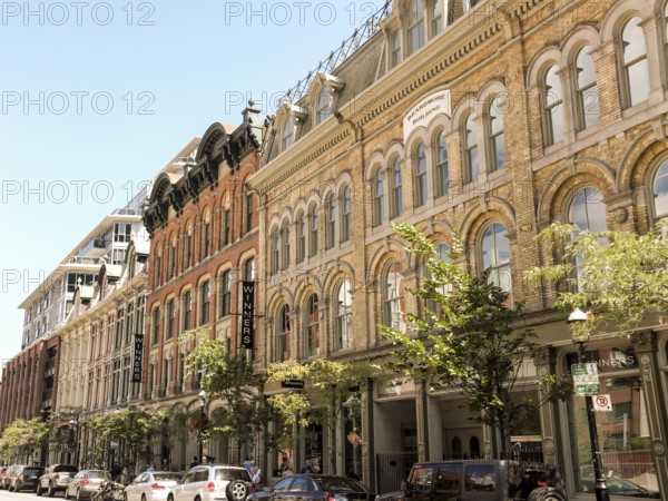 Street view of historic buildings with trees and parked cars in Toronto, Ontario, Canada, North America