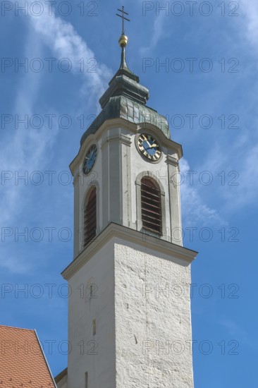 Church tower with clock and sound windows, Church of St Gallus and Ulrich, Kisslegg, Allgäu, Baden-Württemberg, Germany