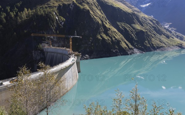 Waterfall bottom reservoir, dam wall, construction site, mountain panorama, energy industry, hiking area, Pinzgau
