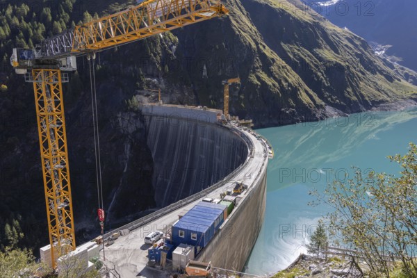 Waterfall bottom reservoir, dam wall, construction site, mountain panorama, energy industry, hiking area, Pinzgau