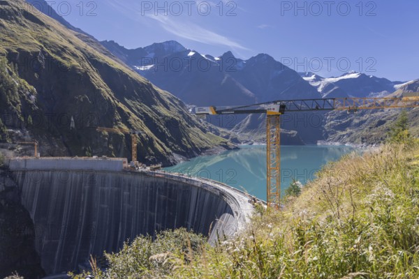 Waterfall bottom reservoir, dam wall, construction site, mountain panorama, energy industry, hiking area, Pinzgau