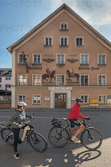 Former inn, Deer-Post with Lüftlmalerei, now La Dolce Vita Ristorante Pizzeria and Radler in Kisslegg, Allgäu, Baden-Württemberg, Germany