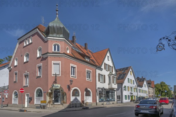 Blue sky, street with pointed gable houses and ZAPPA BAR in Kisslegg, Allgäu, Baden-Württemberg, Germany