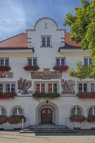 The town hall, the façade tells of the highlights of the town's history, Kisslegg, Allgäu, Baden-Württemberg, Germany