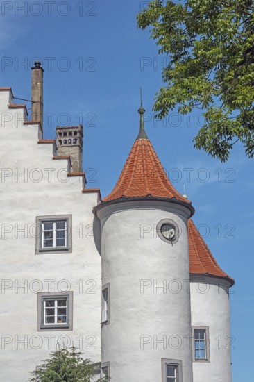 Blue sky, old castle with turrets and chimneys in Kisslegg, Allgäu, Baden-Württemberg, Germany