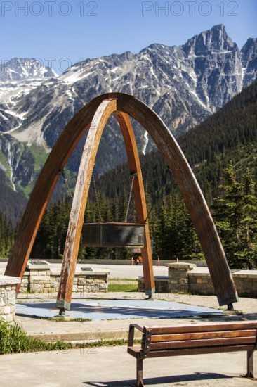 The Rogers Pass with the commemorative arch marking the location where the Trans Canada Highway was competed in 1962, a National Historic Site it is located inside Glacier National Park, near Selkirk, British Columbia, Canada, North America
