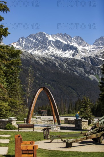 The Rogers Pass with the commemorative arch marking the location where the Trans Canada Highway was competed in 1962, a National Historic Site it is located inside Glacier National Park, near Selkirk, British Columbia, Canada, North America