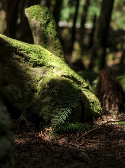 Moss-covered log with ferns in a sunlit forest scene inside Cascade Falls Regional Park, Deroche, British Columbia, Canada, North America
