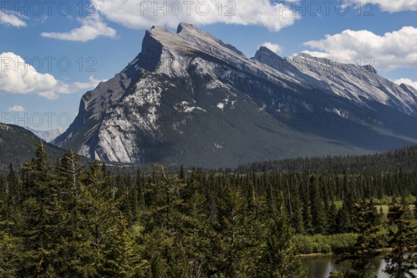 The distinctive shape of Mount Rundle found inside Banff National Park in Alberta, Canada, North America