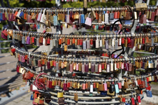 Close-up of numerous colourful padlocks attached to metal rings, Nuremberg, Middle Franconia, Franconia, Bavaria, Germany