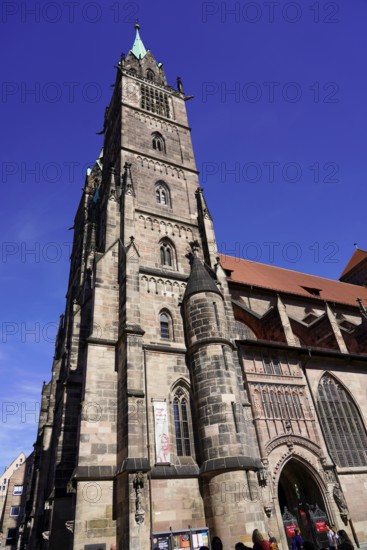Noble Gothic church with impressive façade and bright blue sky in the background, Church of St. Lawrence, Nuremberg, Middle Franconia, Franconia, Bavaria, Germany