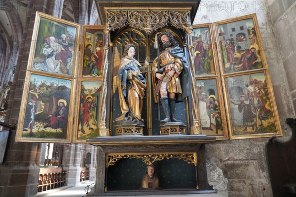 Historic altar with sculptures and religious paintings in a church, Church of St. Lawrence, Nuremberg, Middle Franconia, Franconia, Bavaria, Germany