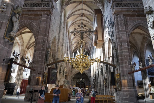 Spacious church interior with high vaults and magnificent chandelier, St. Lawrence Church, Nuremberg, Middle Franconia, Franconia, Bavaria, Germany